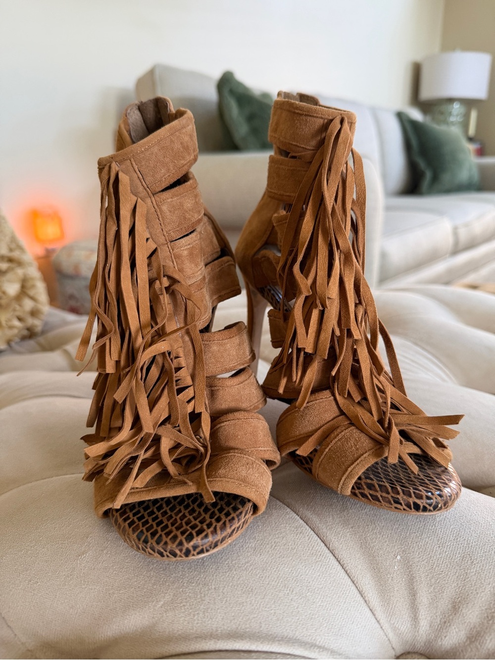 Gianni Bini Tan Leather Suede Heels- zip in back: Size 7.5. I’m a 7, this fits